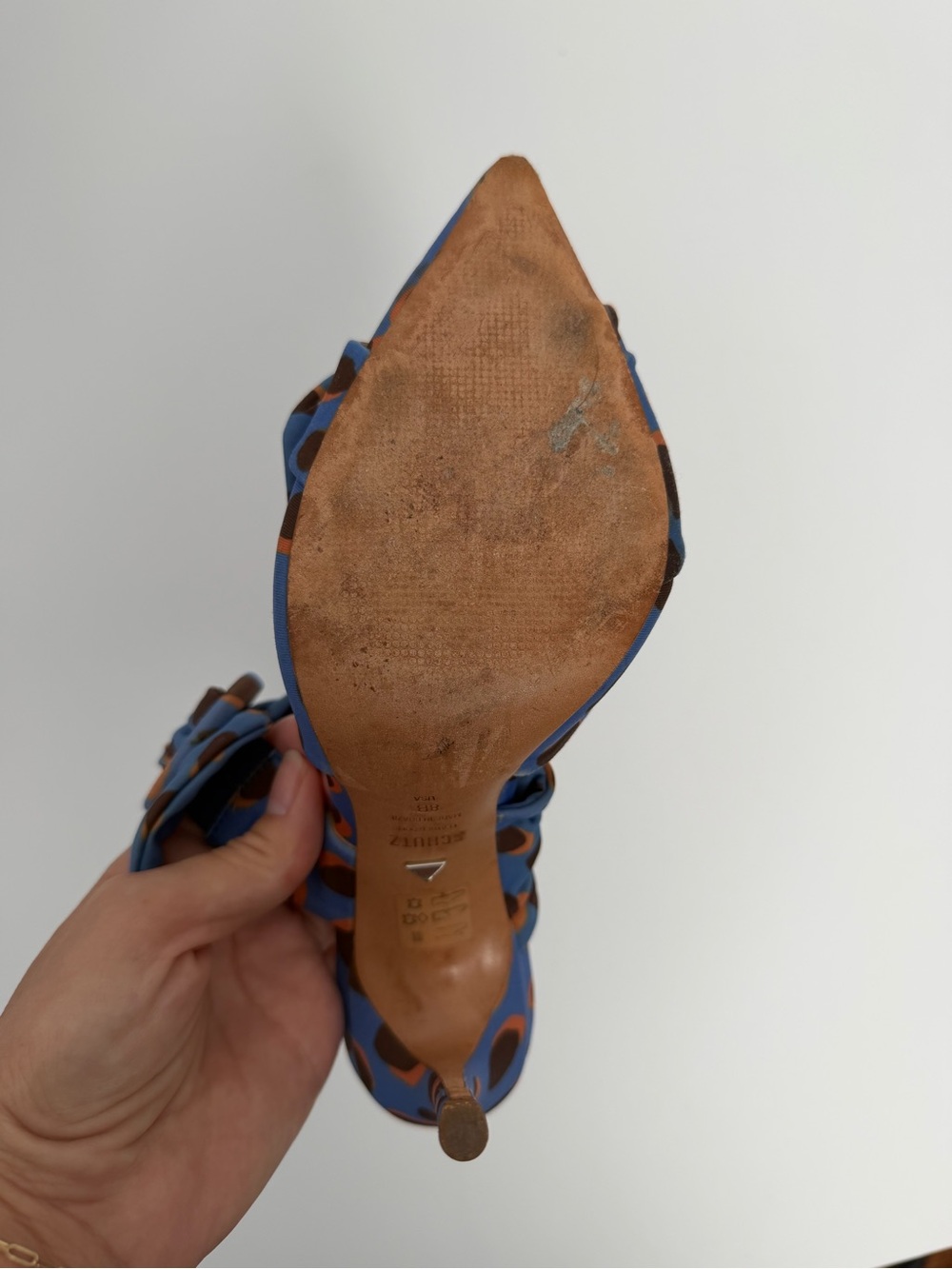 SCHUTZ Blue and Brown Leopard-Print Pointed Mule Heels - Picture 6 of 8